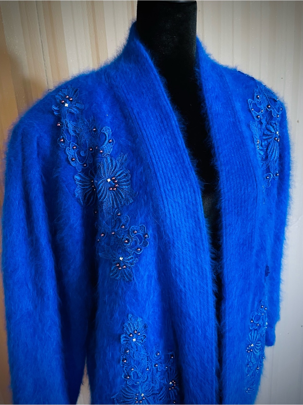 VTG 80% Angora Royal Blue Cardigan Sweater Jacket Beaded 80s Korea Puff Slv XL